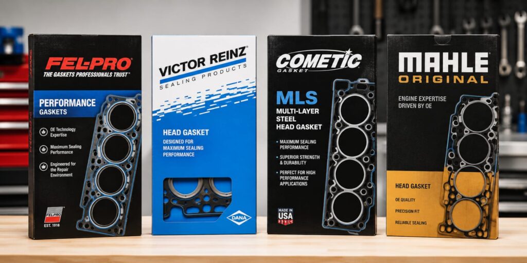 Side-by-side product photos of 3–4 wellknown head gasket boxes/packaging (e.g., on a clean
white or garage workbench background) to visually
anchor the brand comparison