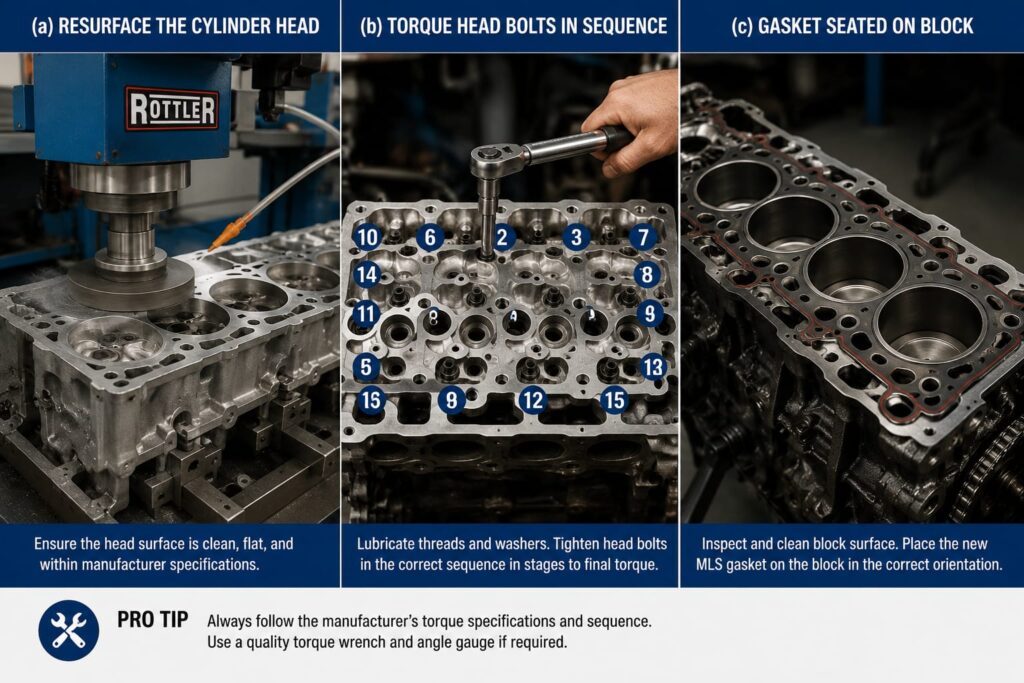Step-by-step photo or illustrated sequence:
(a) cylinder head resurfacing machine in use, (b) a
torque wrench tightening head bolts in the correct
sequence pattern, (c) finished gasket seated on the
block before the head goes back on.
