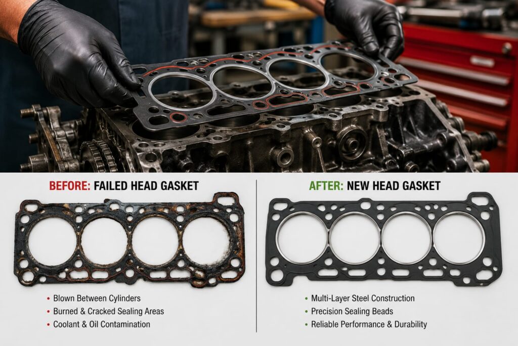 Photo of a mechanic's hands installing a
new head gasket onto an engine block, or a clean
"before and after" comparison of an old failed gasket
next to a new one