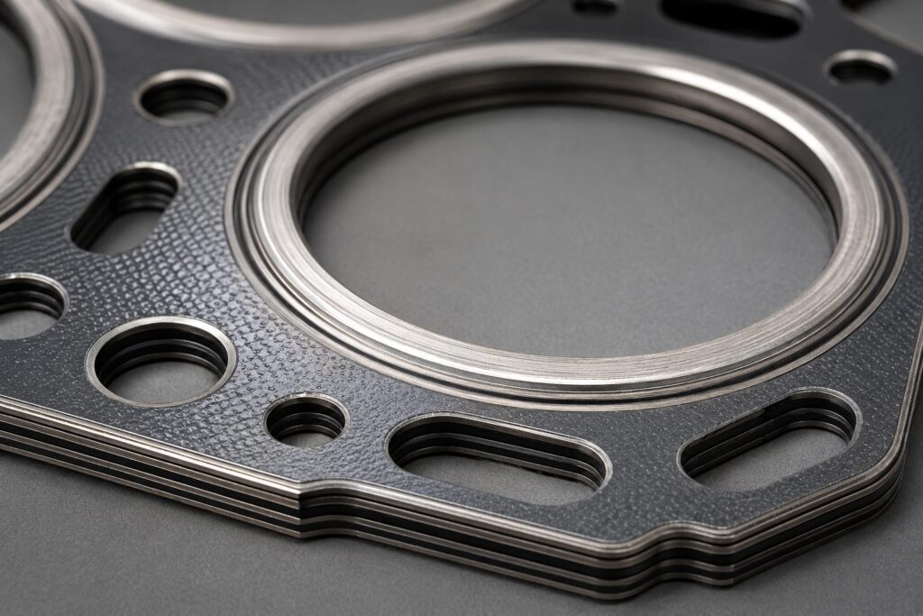 Macro/close-up photograph of an actual
MLS gasket showing the visible steel layers and
embossed sealing rings around a cylinder bore