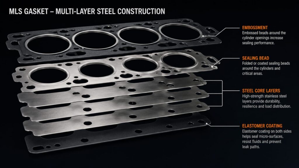 Diagram or exploded-view illustration
showing the individual steel layers of an MLS gasket
separated, with labels for "embossment," "sealing bead,"
and "elastomer coating."