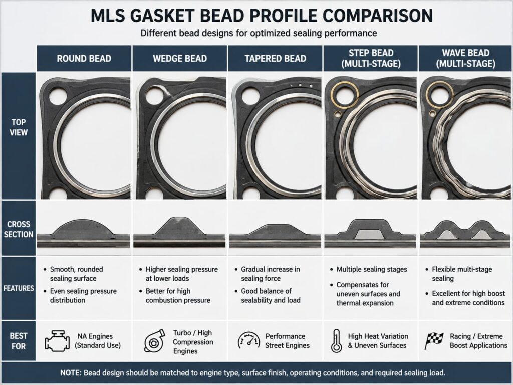 : 'MLS gasket bead profile shapes round wedge multi-stage comparison'