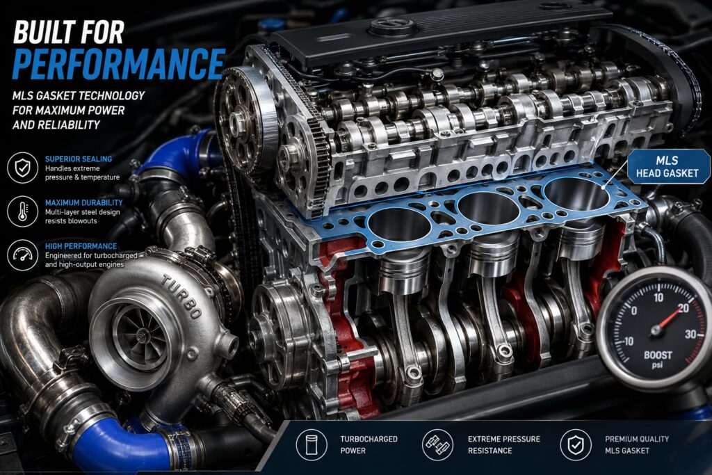 'High performance turbocharged engine with MLS head gasket cutaway view'