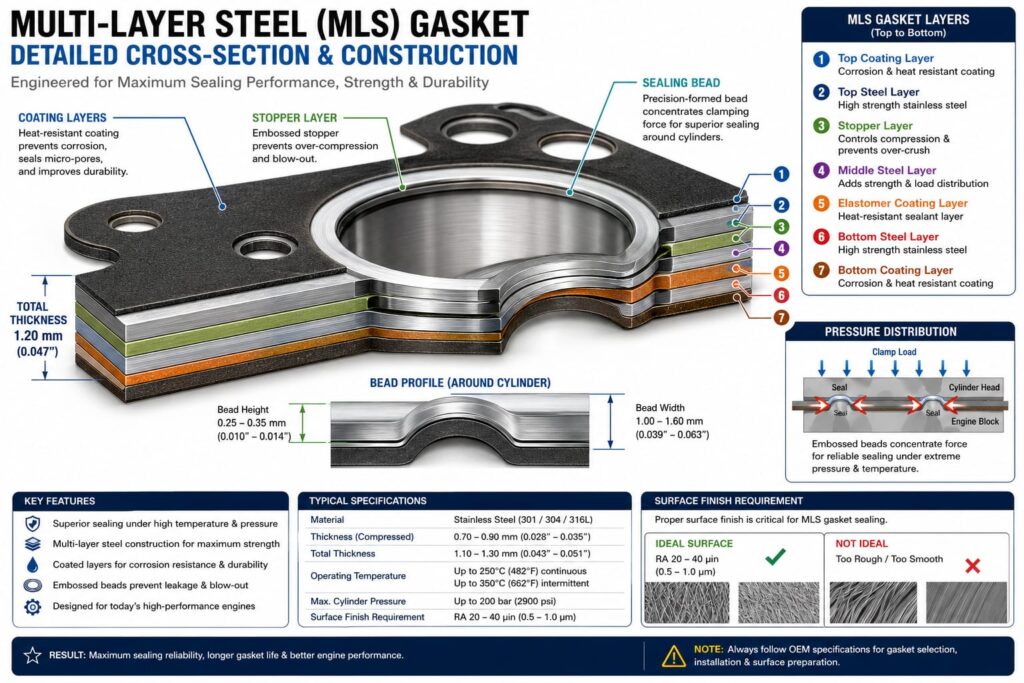 : 'Multi-layer steel MLS gasket construction detailed cross-section diagram'