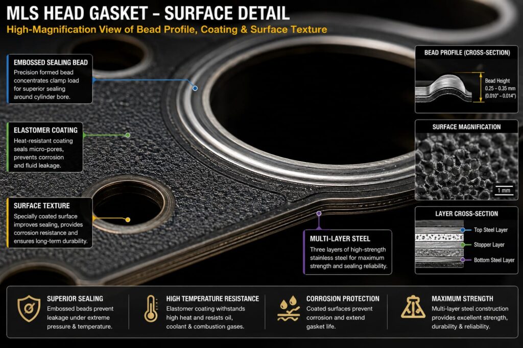 High-magnification photo showing bead texture, elastomer coating, and surface profile. Alt text: 'MLS head gasket surface detail bead profile close-up'