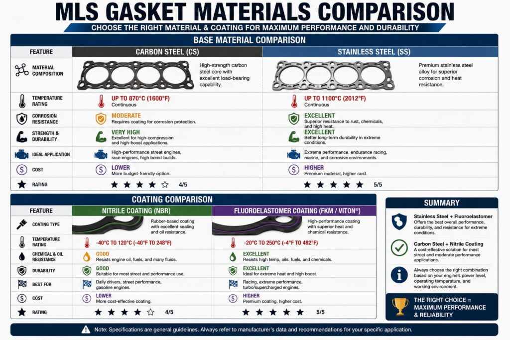: 'MLS gasket materials comparison carbon steel stainless coating types'