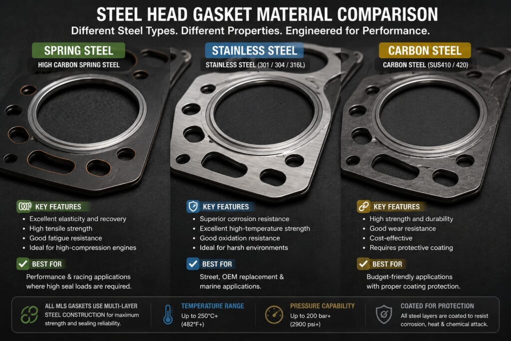 'Steel head gasket types spring steel stainless carbon steel comparison'