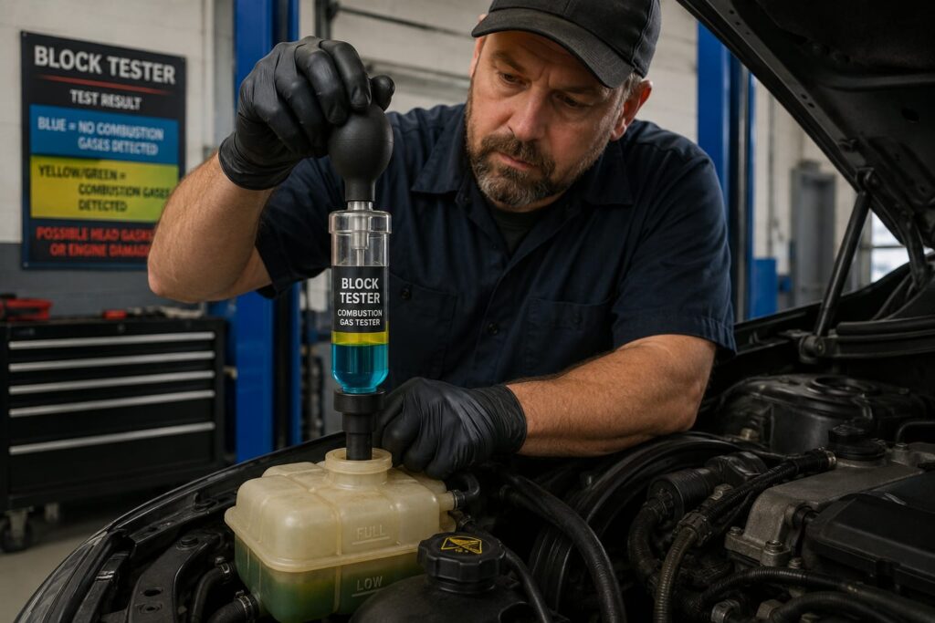 Mechanic using a chemical block tester on a coolant reservoir