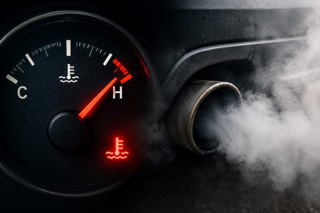 dashboard temperature gauge climbing into the red, or white smoke visibly rising from a tailpipe