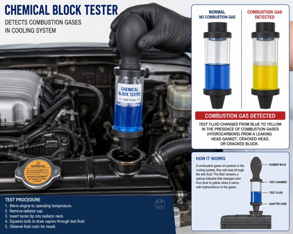 Chemical block test kit with blue testing fluid held above open radiator to detect blown head gasket