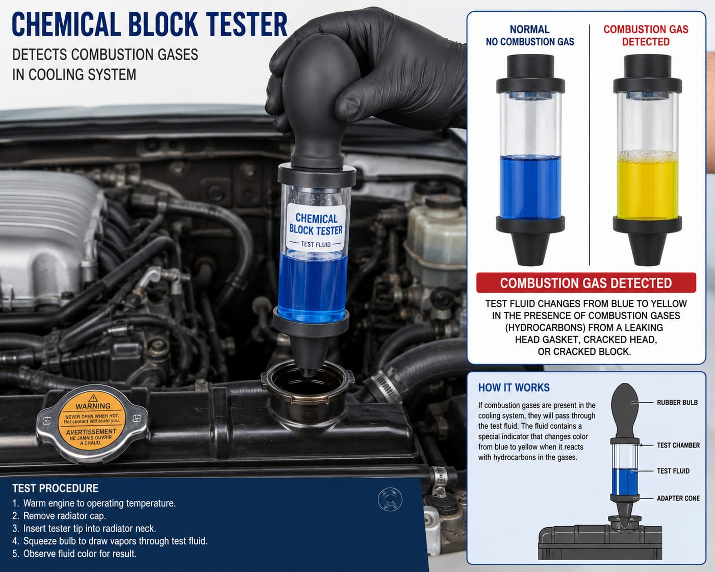 chemical block tester blue fluid test for combustion leak in coolant