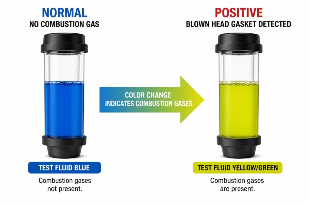 Before and after comparison of chemical block test fluid showing blue normal result versus yellow positive result