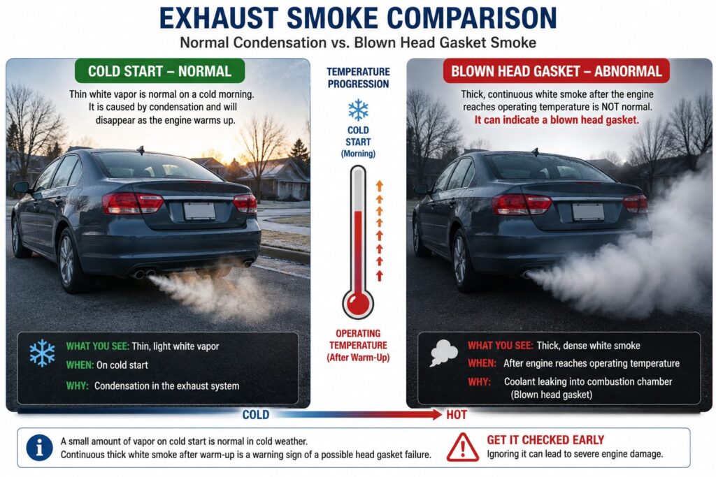 Comparison of normal cold-start vapor versus problematic white smoke after warm-up
