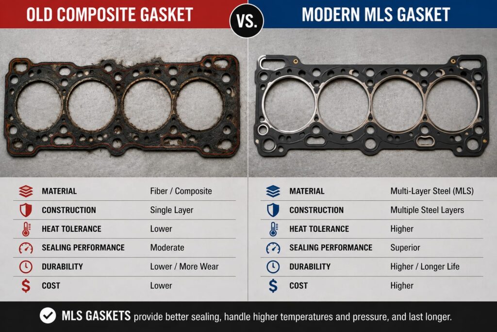 Comparison graphic or photo showing an old composite gasket next to a modern MLS gasket, ideally side by side on a workbench