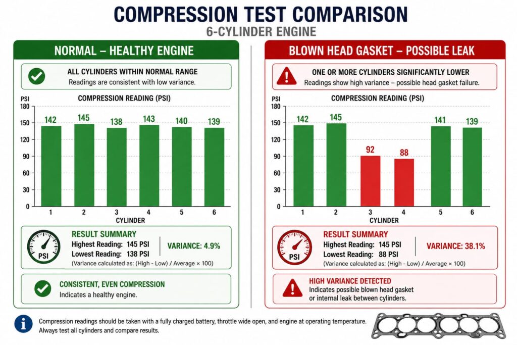 Comparison chart showing normal versus low compression readings across engine cylinders