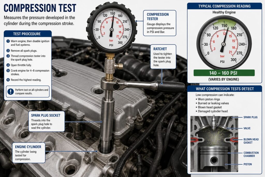 Professional compression tester tool connected to engine spark plug hole