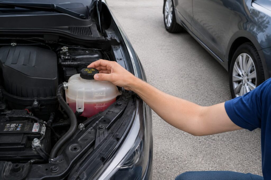 Person checking coolant reservoir level next to a clean, dry patch of ground under a parked car. 
