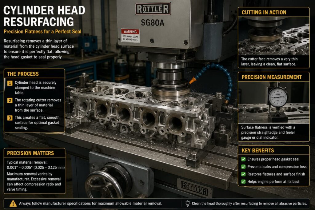 Cylinder head resurfacing machine shown milling the flat mating surface of an engine head