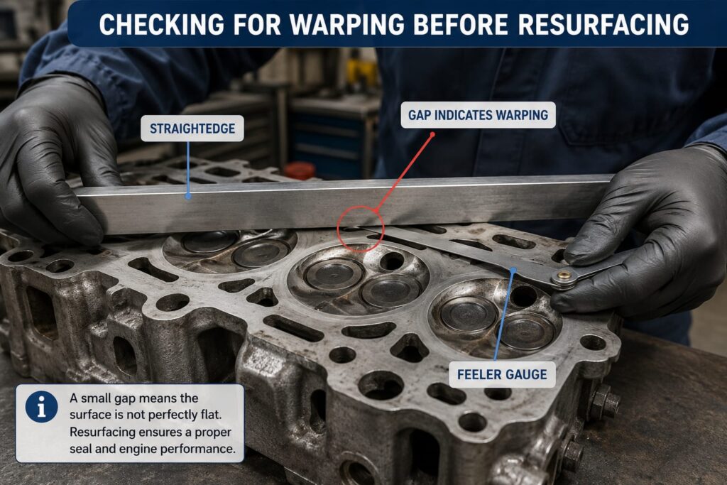 Mechanic using a straightedge and feeler gauge to check a cylinder head for warping