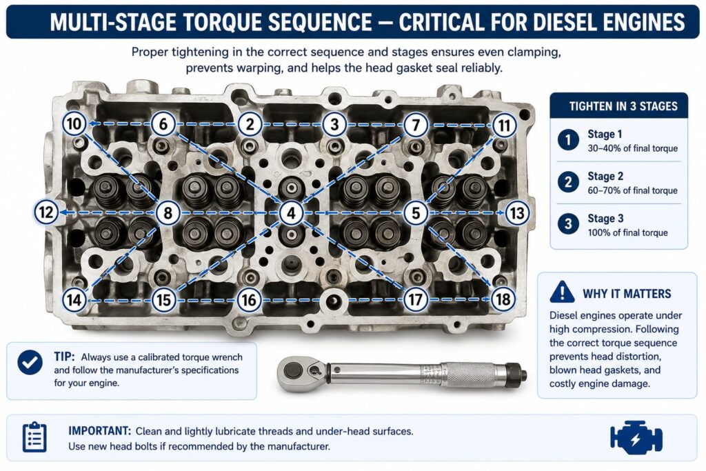 : Diagram showing the multi-stage torque sequence pattern for diesel cylinder head bolts
