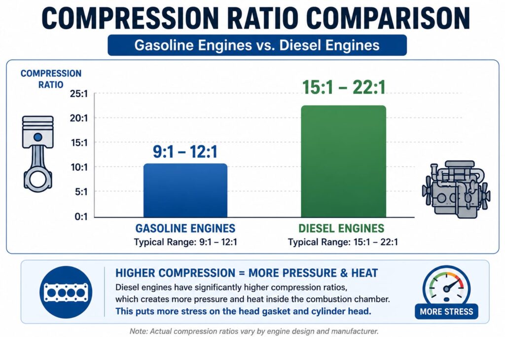 Comparison chart showing higher compression ratios in diesel engines versus gasoline engines and the impact on head gasket stress