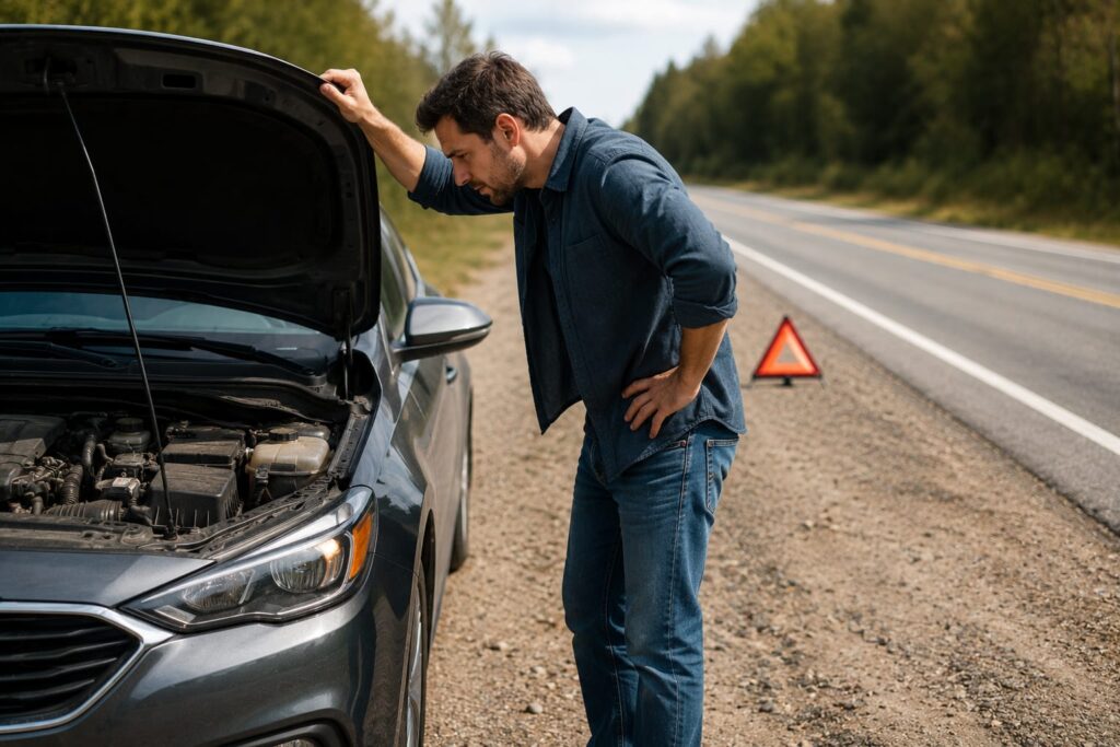 Car pulled over on the shoulder of a road with hood up, driver checking the engine. 