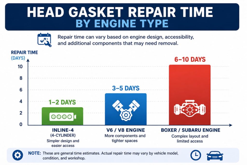 Comparison chart showing head gasket repair time differences between inline-4, V6, and boxer engines