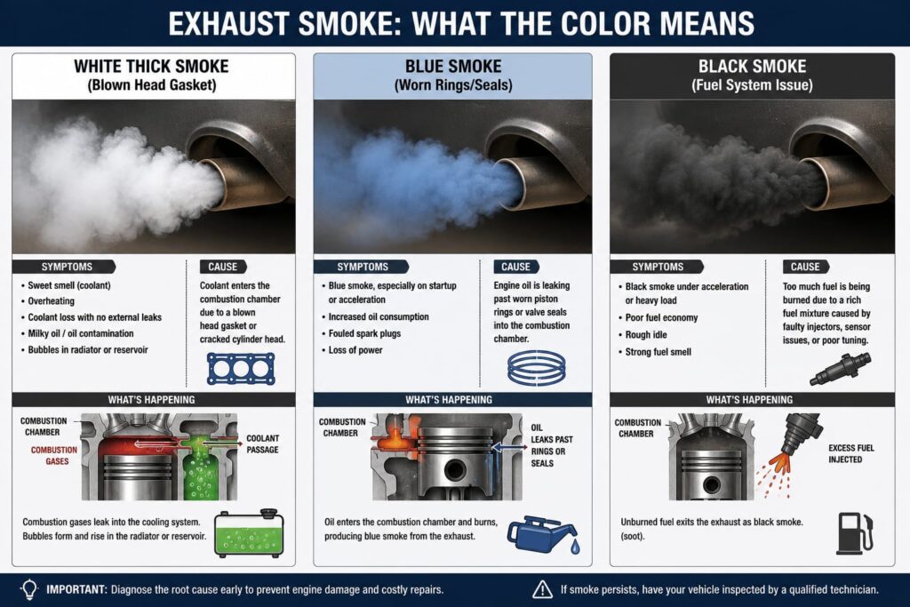 Color reference guide for different exhaust smoke types and their causes
