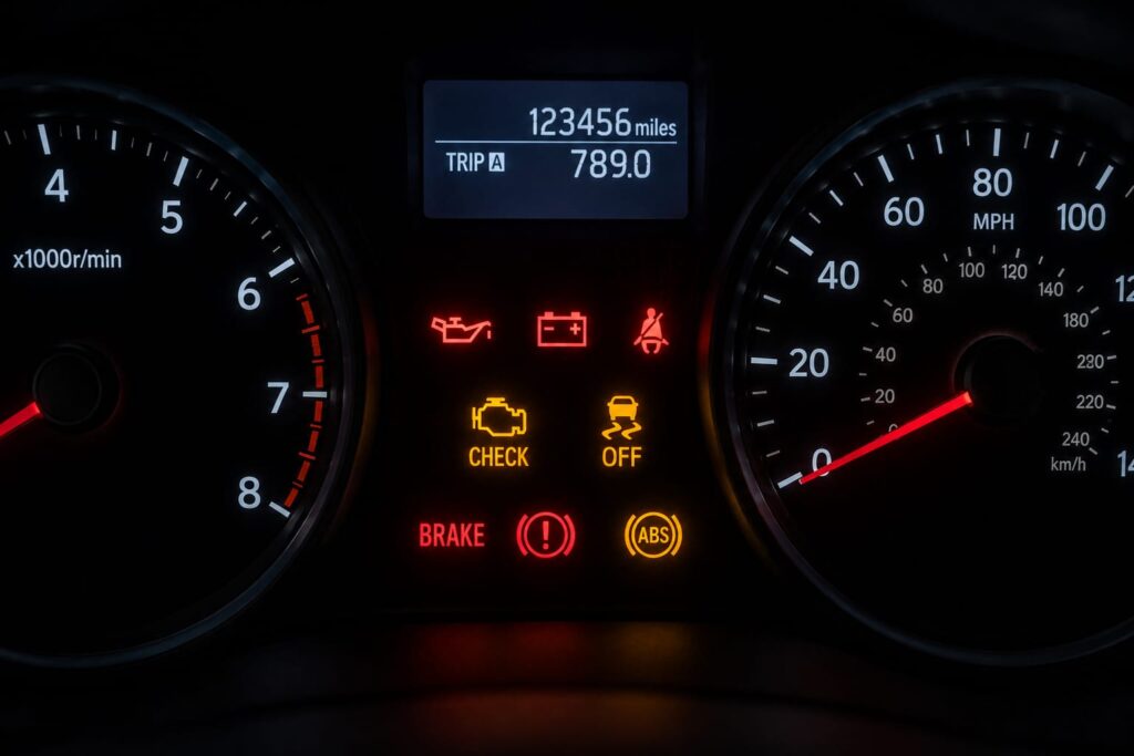 Dashboard warning lights illuminated at night