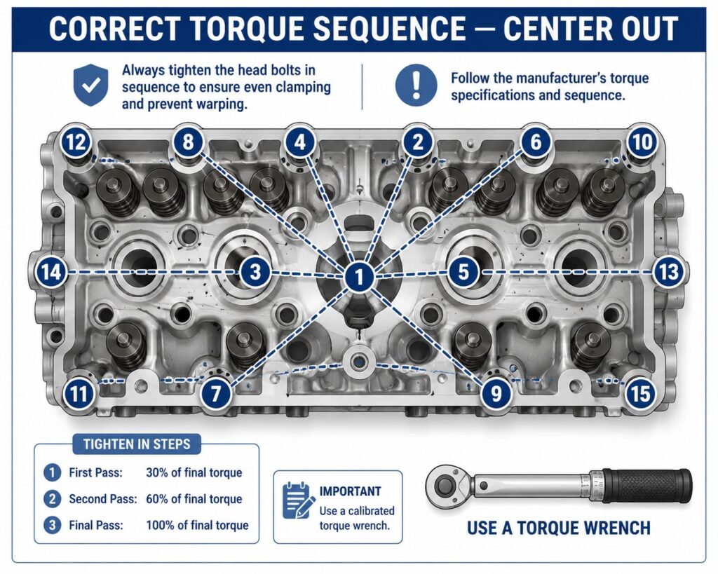 Diagram showing the correct star or spiral torque sequence pattern for cylinder head bolts
