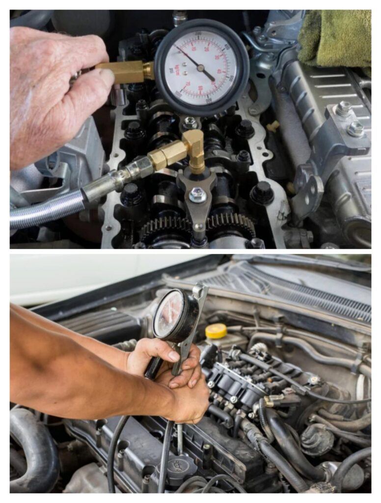 Mechanic connecting a compression tester to an engine cylinder