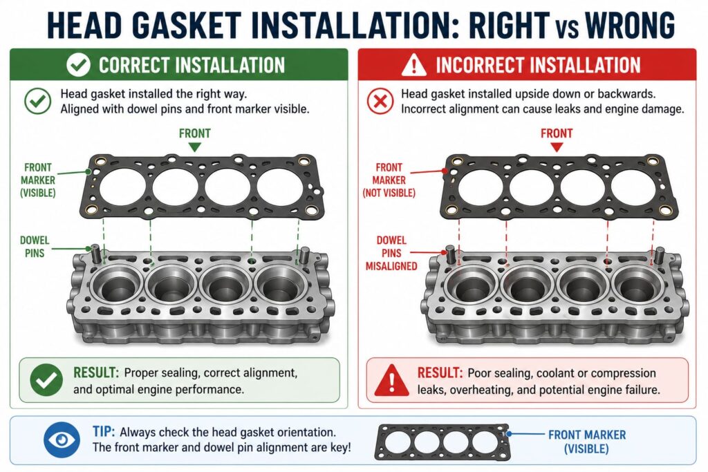Illustration showing correct versus incorrect orientation of a head gasket before installation
