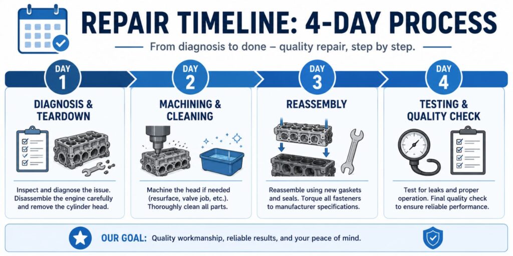 Visual timeline showing the day-by-day process of head gasket replacement from teardown to test drive