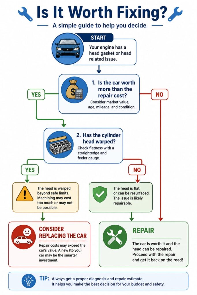 Decision flowchart helping car owners decide whether to repair or replace a vehicle with a blown head gasket