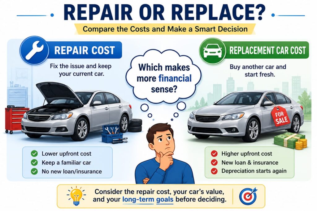 Side-by-side comparison illustration weighing head gasket repair cost against buying a replacement used car
