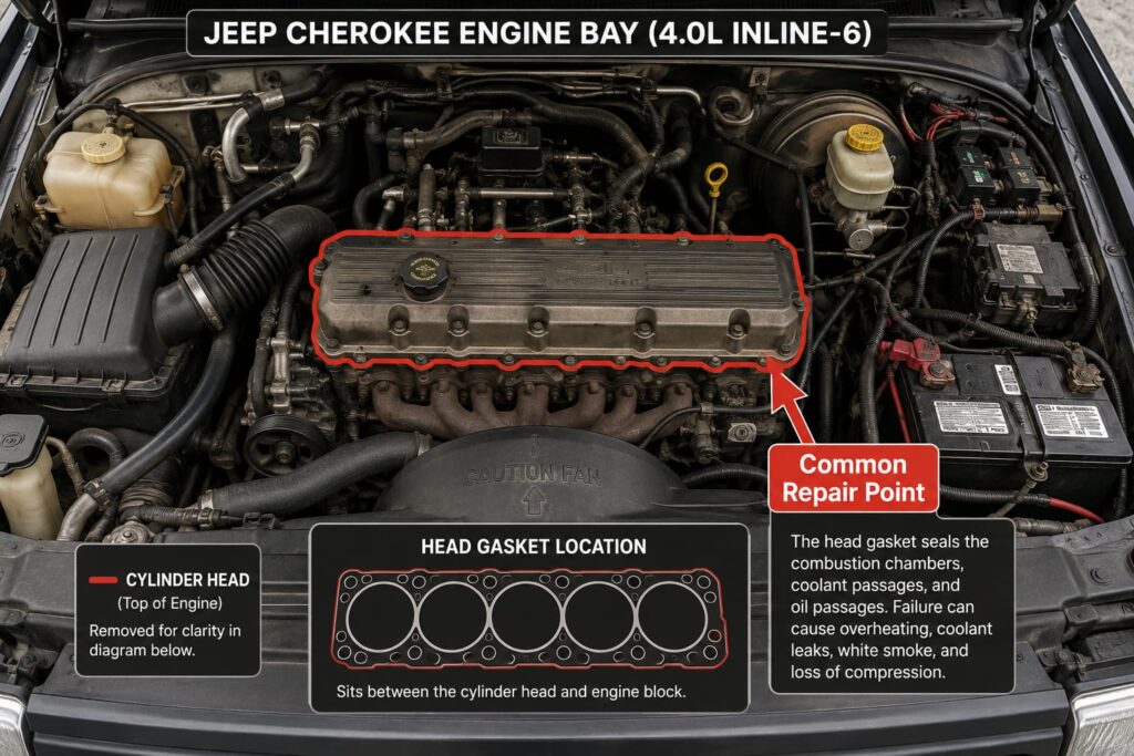 Jeep Cherokee engine bay illustration highlighting head gasket replacement area