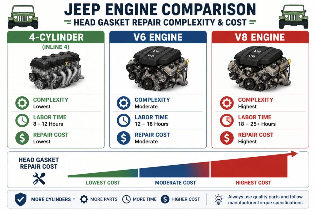 Comparison chart showing Jeep head gasket repair cost differences between 4-cylinder, V6, and V8 engines