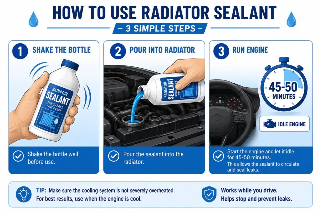 Step-by-step illustration of pouring K-Seal sealant into a car radiator and idling the engine
