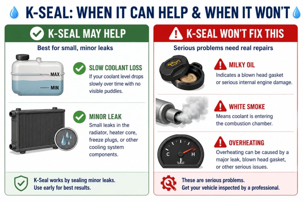 Comparison graphic showing symptoms where K-Seal is likely to work versus symptoms where it won't help