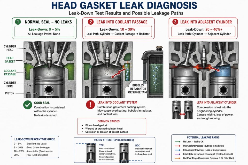 Visual guide showing where compressed air leaks escape in blown head gasket scenarios