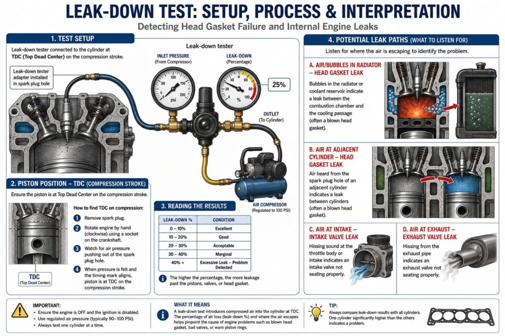 Cylinder leak-down tester connected to engine at Top Dead Center position