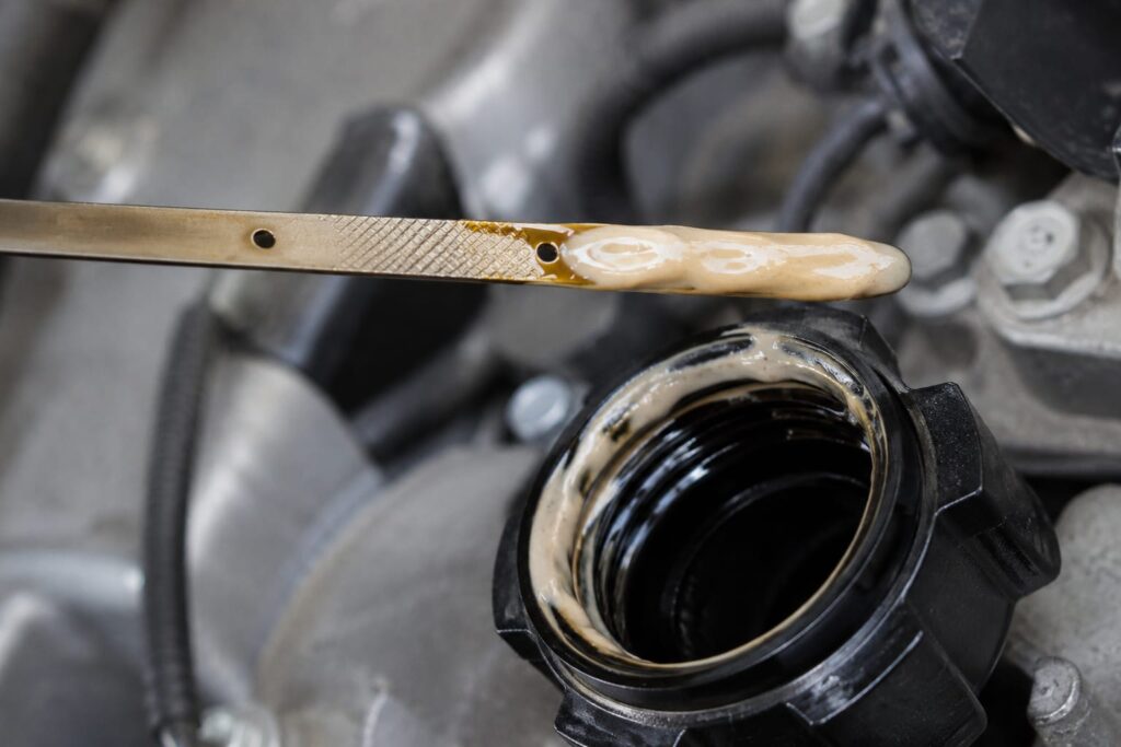 Close-up of milky/off-white residue on a dipstick or oil fill cap.