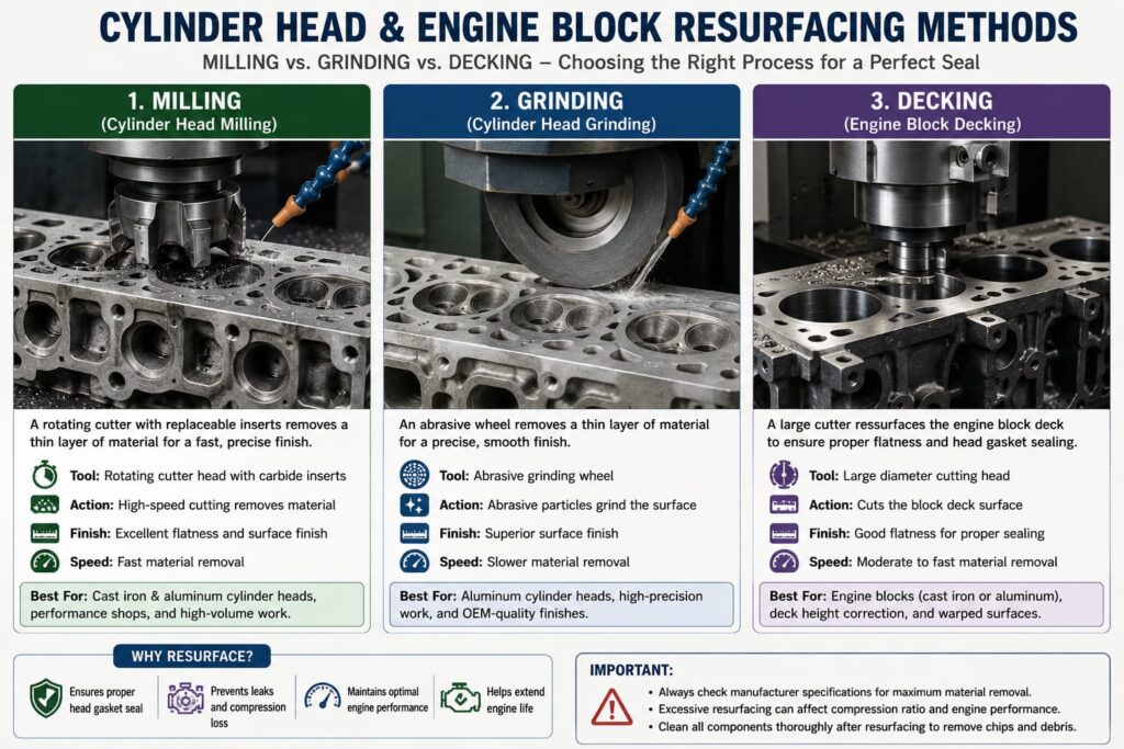 Comparison diagram showing the difference between milling, grinding, and decking processes for engine resurfacing