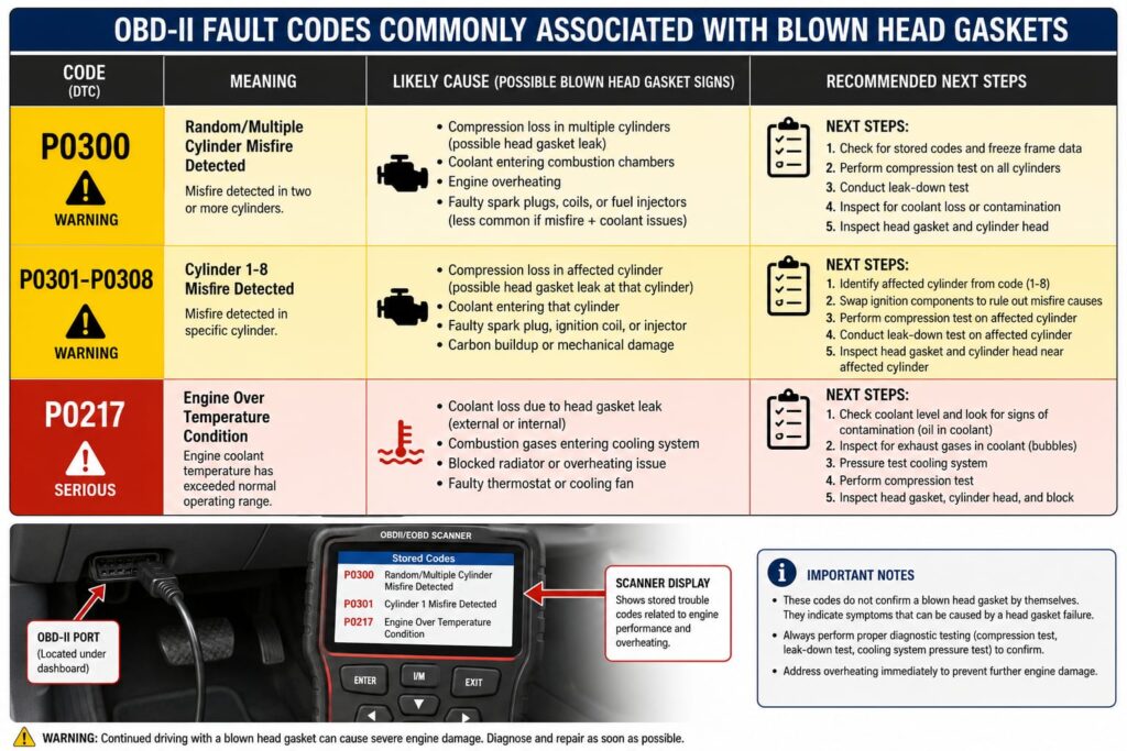 Reference guide showing common diagnostic trouble codes that indicate head gasket problems