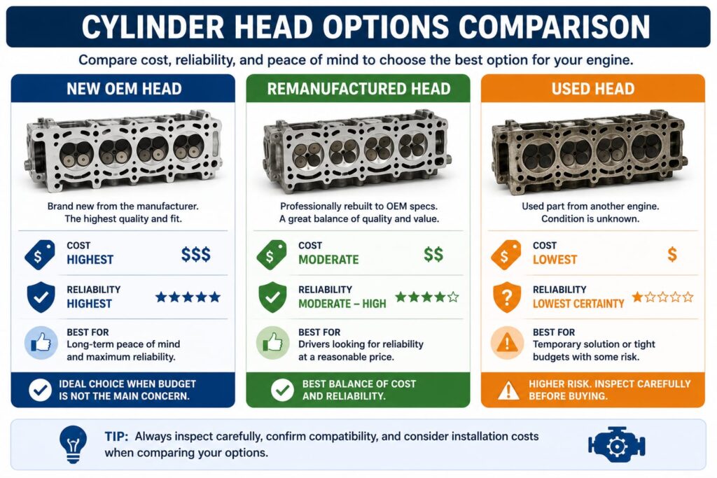 Three-way comparison chart of new, remanufactured, and used cylinder head options showing cost versus reliability trade-off