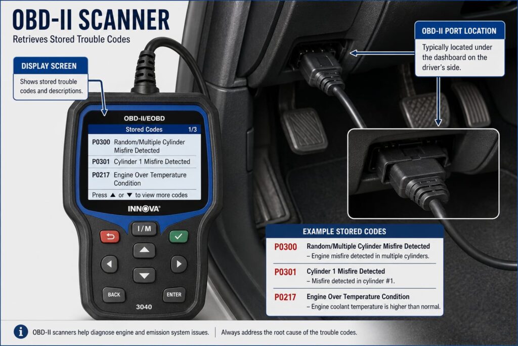 OBD-II scanner connected to vehicle diagnostic port showing trouble codes