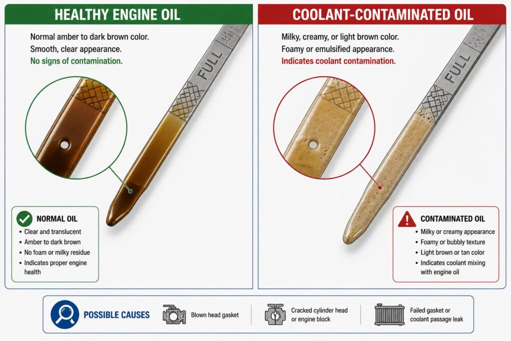 Side-by-side comparison of normal versus contaminated engine oil on dipstick