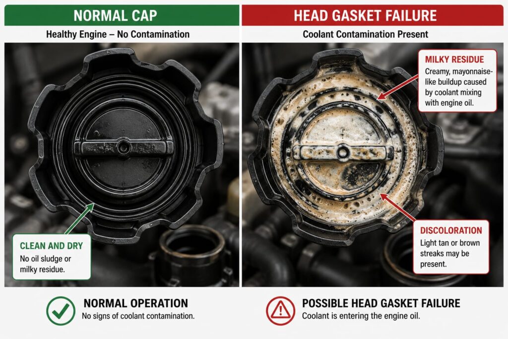 Close-up of oil filler cap showing milky residue indicating coolant contamination