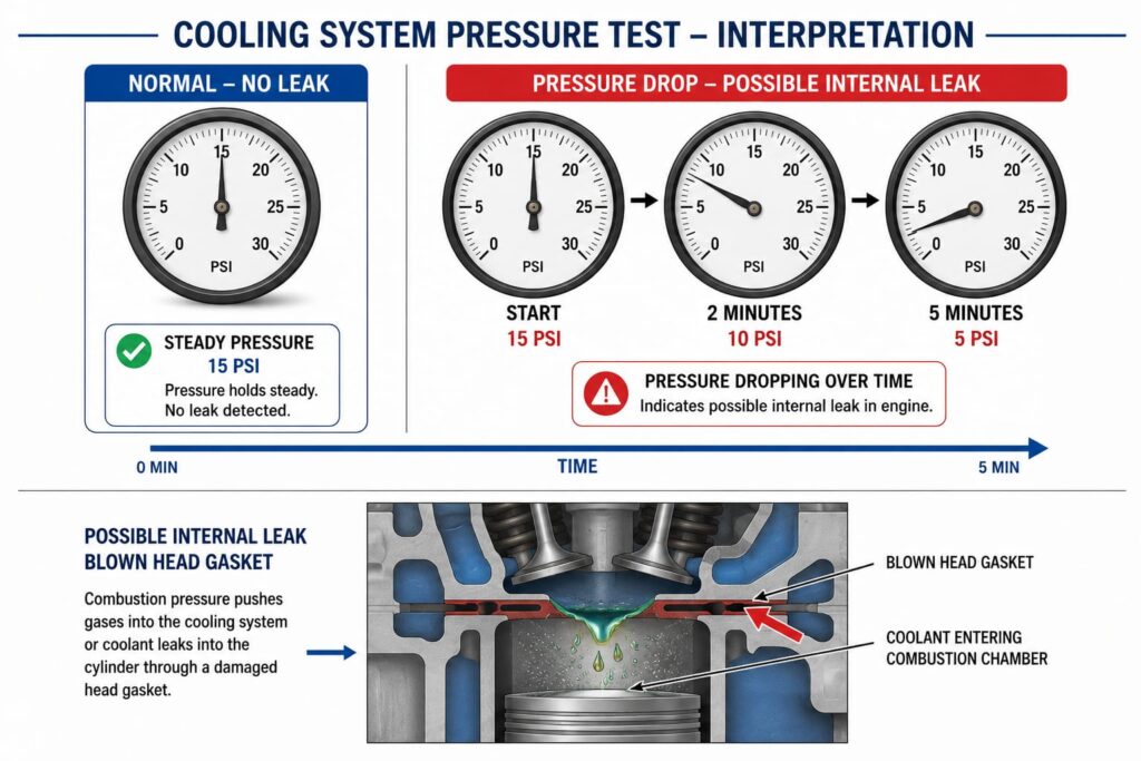 Diagram showing pressure gauge drop indicating internal coolant leak through blown head gasket