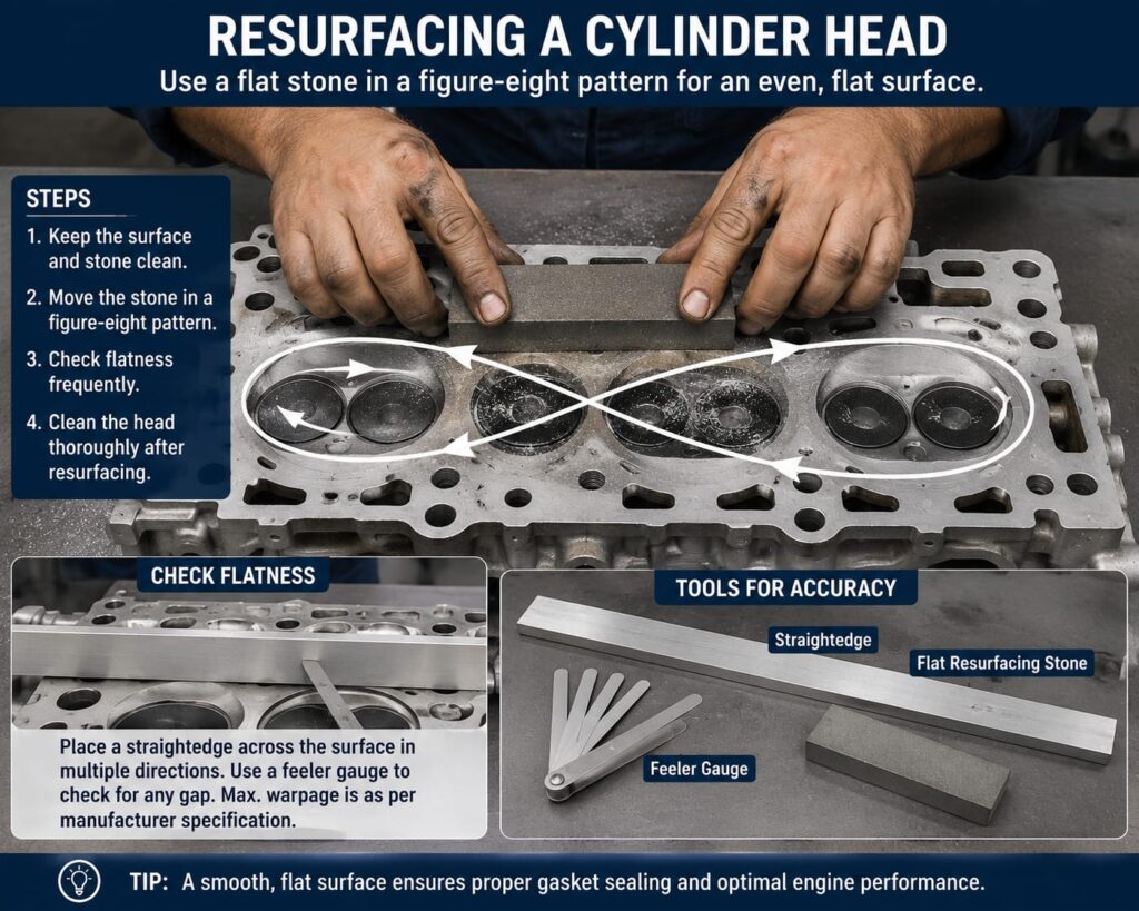 Illustration of a hand-held resurfacing stone being used to true up a cylinder head surface